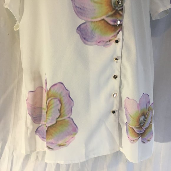 MissLook Womens Button Floral Print Light Blouse Top Sz Med White Floral Flower - Picture 5 of 13
